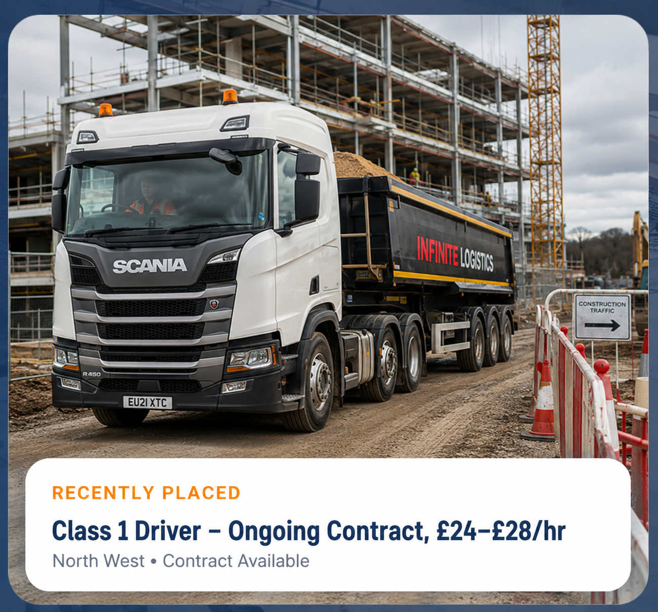 Modern Scania tipper truck on a UK construction site